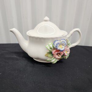 Kaldun & Bogle Teapot Raised 3D Pink Blue Pansies & Bow White Cottagecore